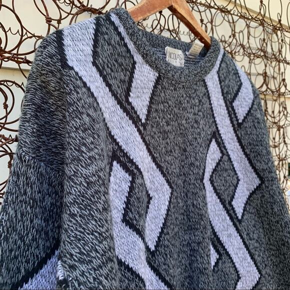 Vintage Nicolas Allen geometric argyle pattern sweater in shades of gray LARGE - Picture 3 of 6